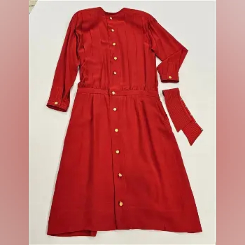 Chanel Red Silk Dress with Gold Buttons
